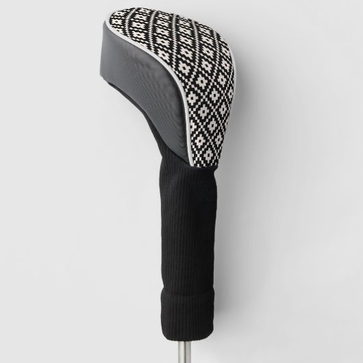Aztec stijl blok print zwart + crème patroon golfheadcover (Schuin)