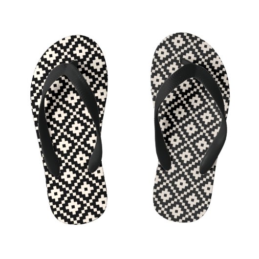 Aztec stijl blok print zwart + crème patroon kinder teenslippers (Voetbed)