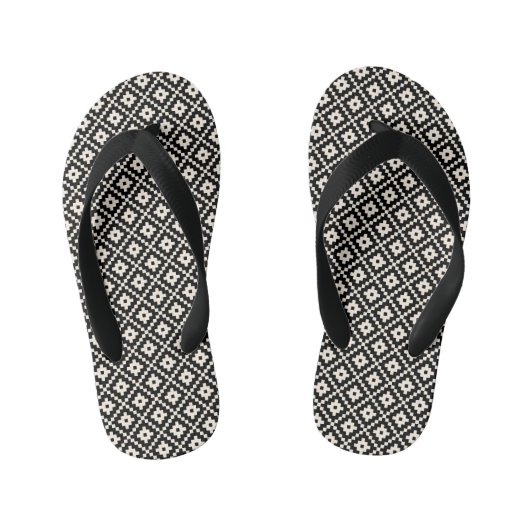 Aztec stijl blok print zwart + crème RPT patroon Kinder Teenslippers (Voetbed)