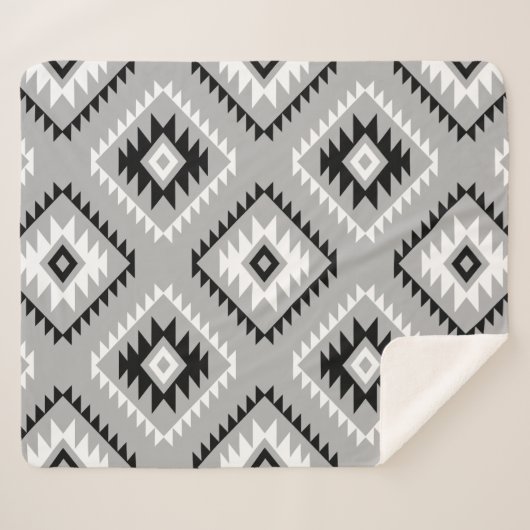 Aztec stijl motief groot patroon zwart wit grijs sherpa deken (Voorkant (horizontaal))