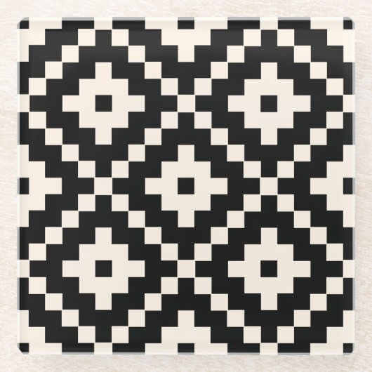 Aztec Style Block Print - Zwart en Crème Glazen Onderzetter (Voorkant)