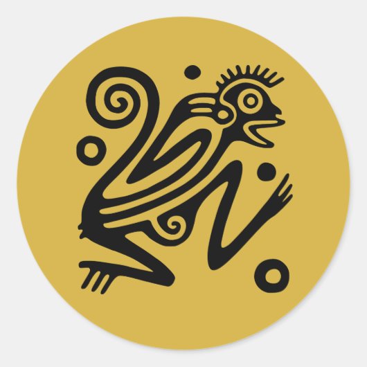 Aztec Style Mexican Monkey Black op Gold Ronde Sticker (Voorkant)