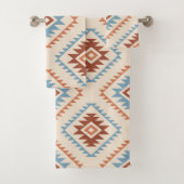 Aztec Style Motif Big Pattern Blue Crm Terracottas Bad Handdoek (Insitu)