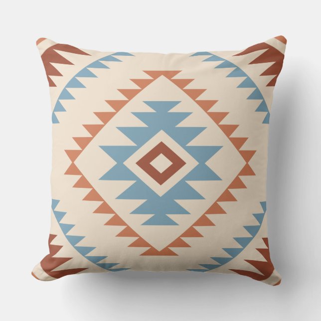 Aztec Style Motif Lg Pattern Blue Crm Terracottas Kussen (Voorkant)