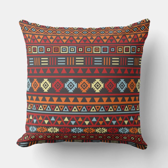 Aztec Style Pattern - Oranje Geel Blauw Rood & Blk Buitenkussen (Voorkant)