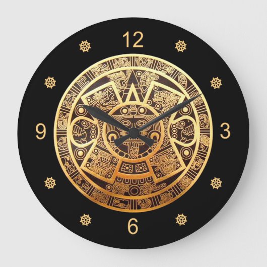 Aztec Sun Calendar ~ Gold & Black ~ Grote Klok (Voorkant)