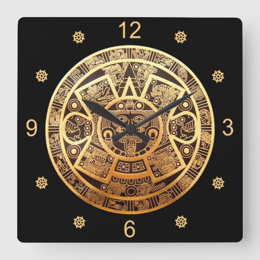 Aztec Sun Calendar ~ Gold & Black ~ Vierkante Klok (Voorkant)