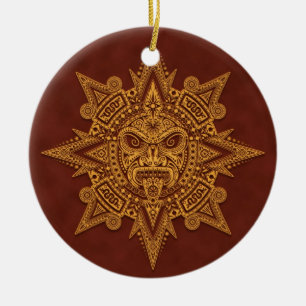 Aztec Sun Mask - Golden Red Keramisch Ornament