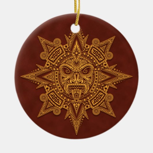 Aztec Sun Mask - Golden Red Keramisch Ornament (Voorkant)