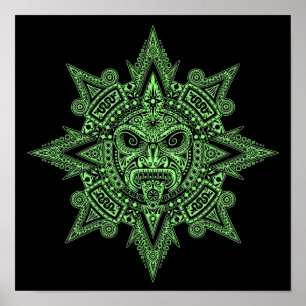 Aztec Sun Mask Green op Black Poster