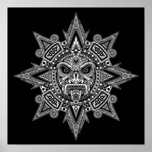 Aztec Sun Mask White op Black Poster
