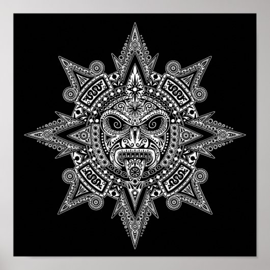 Aztec Sun Mask White op Black Poster (Voorkant)
