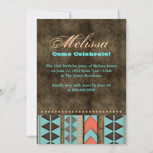 Aztec Sweet 16 Invitation Blue Brown Cool Pattern Kaart (Voorkant)