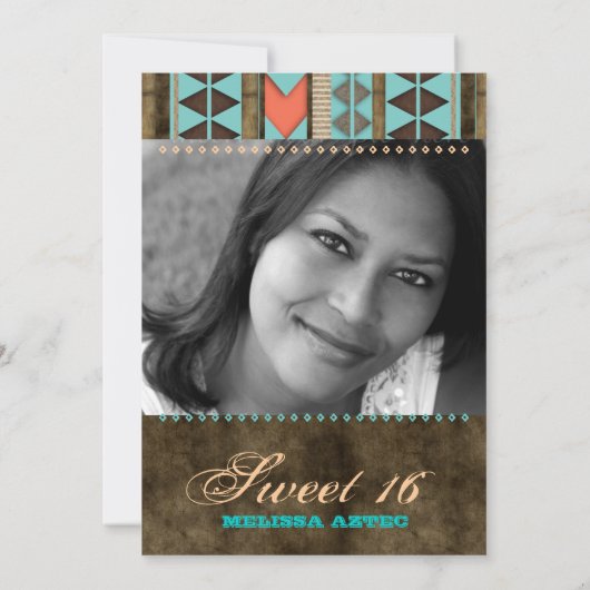Aztec Sweet 16 Invitation Blue Brown Cool Pattern Kaart (Achterkant)
