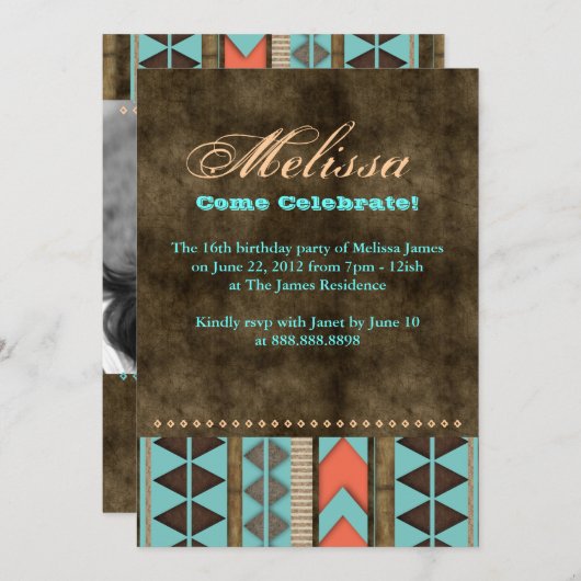 Aztec Sweet 16 Invitation Blue Brown Cool Pattern Kaart (Voorkant / Achterkant)