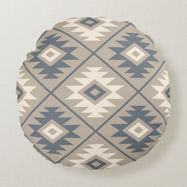 Aztec Symbool Gestileerde LG Ptn Blue Cream Sand Rond Kussen (Voorkant)