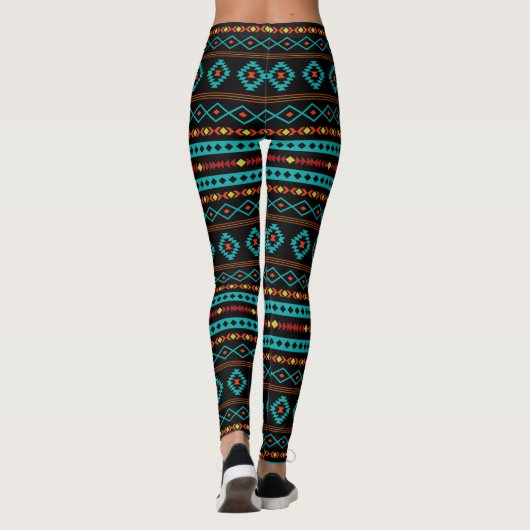 Aztec Teal Reds Yel Blk Mixed Motives Rpt Pattern Leggings (Achterkant)