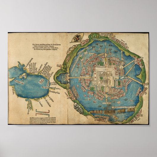 Aztec Tenochtitlan City Map, 1524 Hernan Cortes Poster (Voorkant)