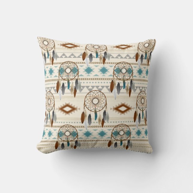 Aztec Tribal Dream Catchers Neutrale Browns & Blau Kussen (Voorkant)