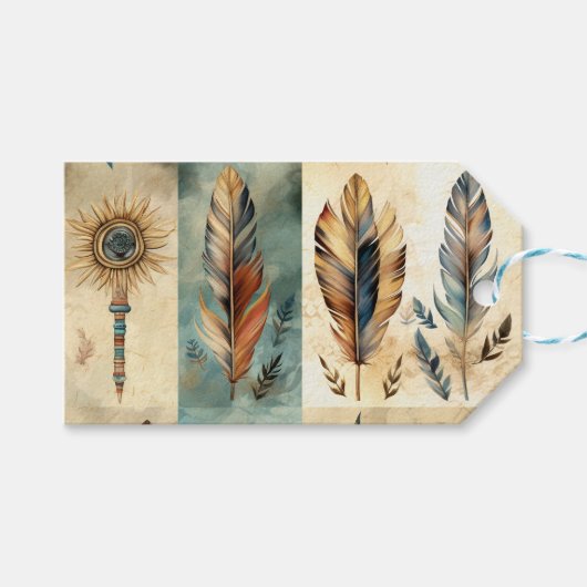 Aztec Tribal Feathers Medicine Stick Cadeaulabel (Voorkant (Horizontaal))