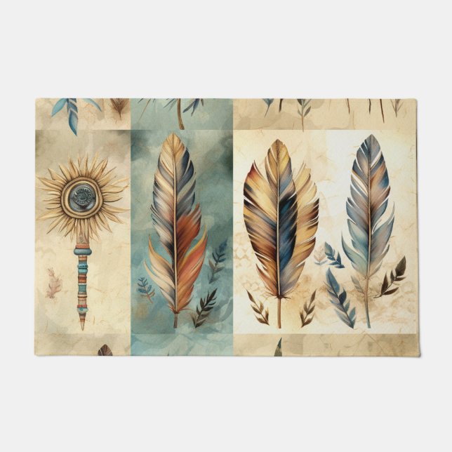 Aztec Tribal Feathers Medicine Stick Deurmat (Voorkant)