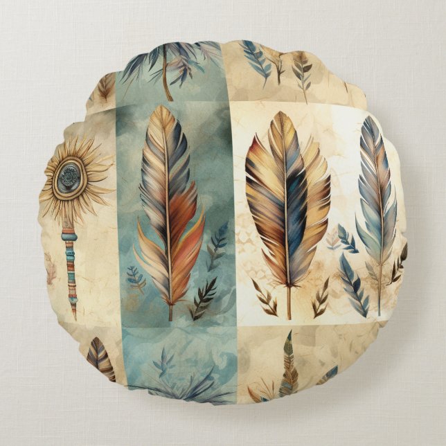 Aztec Tribal Feathers Medicine Stick Rond Kussen (Voorkant)