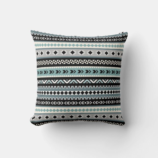 Aztec Tribal Pattern in Aqua en Black Kussen (Voorkant)