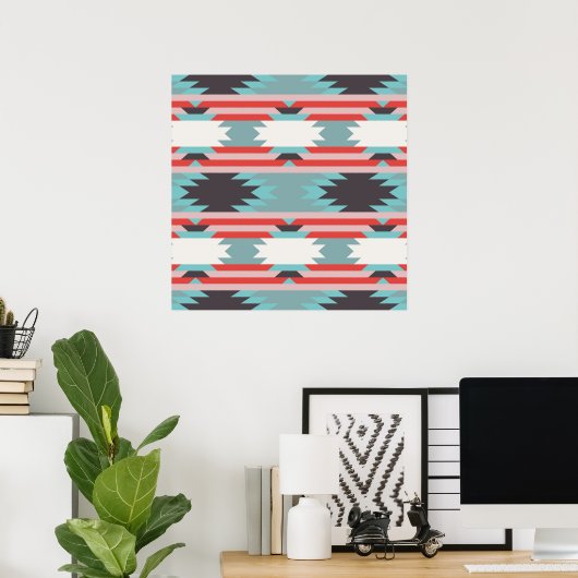 Aztec Tribal Pattern Native American Red Blue Poster (Thuiskantoor)