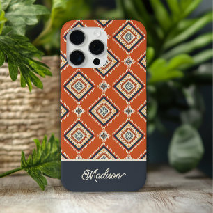 Aztec Tribal Pattern Rust Blue Gepersonaliseerde n iPhone 15 Pro Max Hoesje