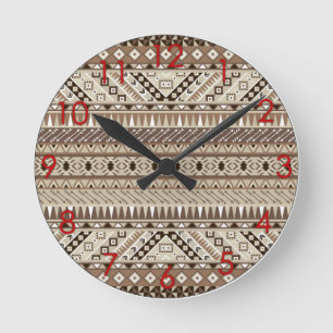 Aztec Tribal Print Neutral Browns Beige Taupe red Ronde Klok