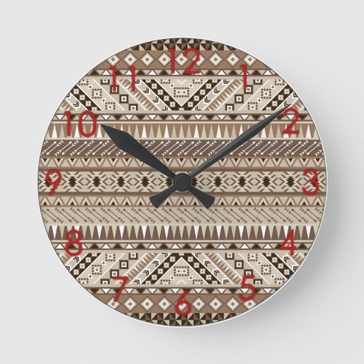 Aztec Tribal Print Neutral Browns Beige Taupe red Ronde Klok (Voorkant)