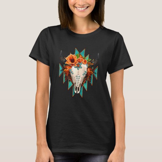 Aztec Turquoise Koe Bull Skull Western Rodeo Boho T-shirt (Voorkant)