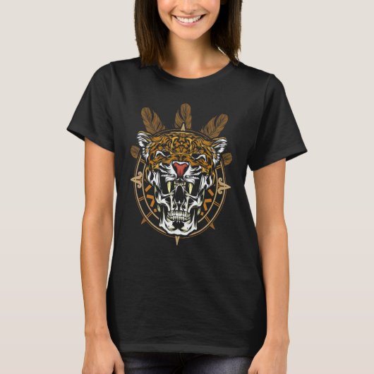 Aztec Warrior Jaguar Death Skull Native Headdress T-shirt (Voorkant)