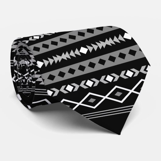 Aztec White Grey Blk Mixed Motifs Pattern Stropdas (Opgerold)