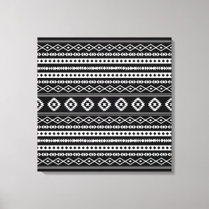 Aztec White op Black Mixed Motifs Pattern Canvas Afdruk