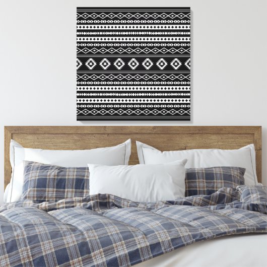 Aztec White op Black Mixed Motifs Pattern Canvas Afdruk (Insitu (Slaapkamer))