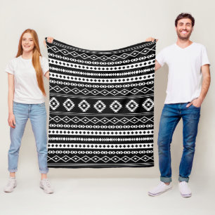 Aztec White op Black Mixed Motifs Pattern Fleece Deken