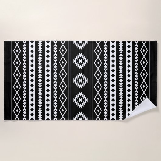 Aztec White op Black Mixed Motifs Pattern Strandlaken (Voorkant)