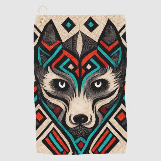 Aztec Wolf Face Golfhanddoek (Voorkant)