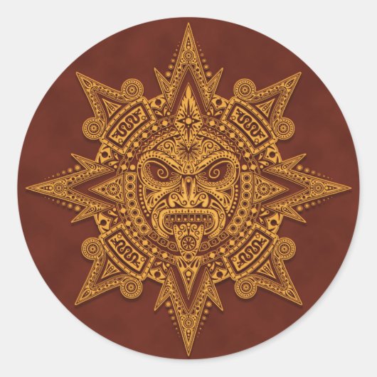 Aztec Zonnemasker - Gouden Rood Ronde Sticker (Voorkant)