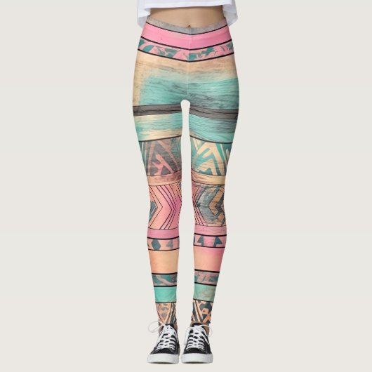 Aztec zuidwestelijk blauw en roze stam leggings (Voorkant)