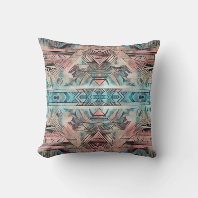 Aztec zuidwestelijke pastel roze en blauw kussen (Voorkant)