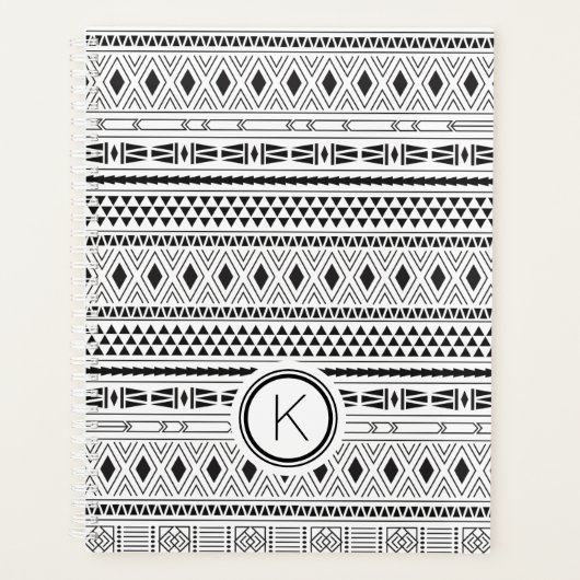 Aztec zwart wit geometrisch streepmonogram planner (Voorkant)