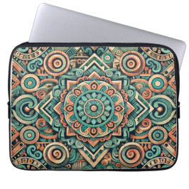 Azteek-geïnspireerd teal en terracotta patroon laptop sleeve