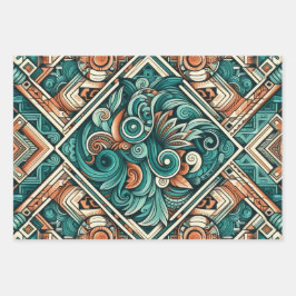 Azteek-geïnspireerd turquoise en terracotta patroo inpakpapier vel