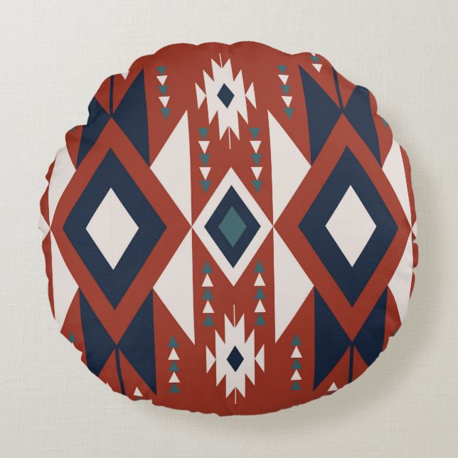 Azteek Koper en Blauwe Design Rond Kussen (Voorkant)