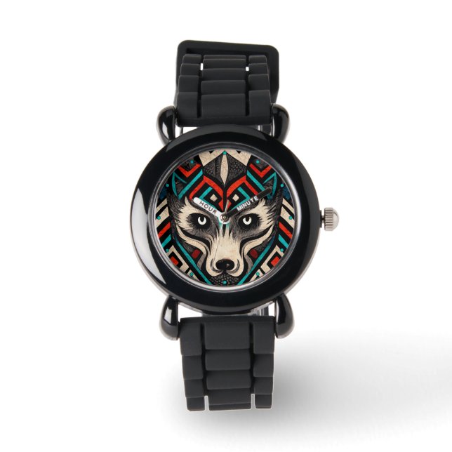 Azteek Wolf Gezicht Horloge (Voorkant)