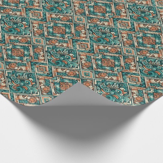 Azteeks geïnspireerd Blauwgroen en terracotta patr Cadeaupapier (Hoek)