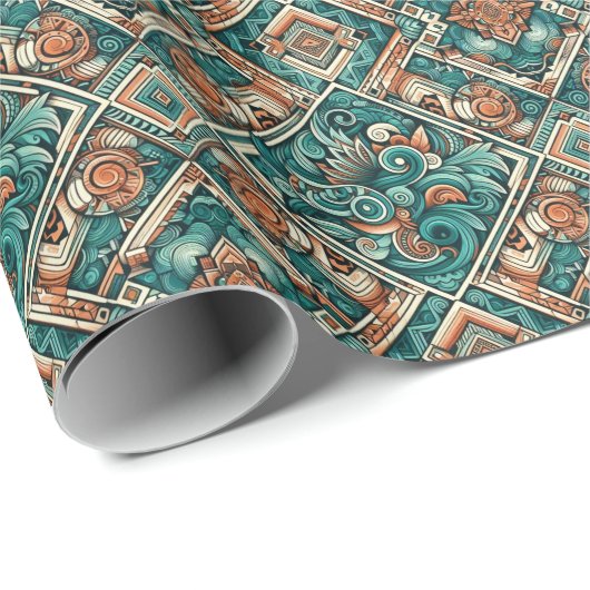 Azteeks geïnspireerd Blauwgroen en terracotta patr Cadeaupapier (Rol Hoek)