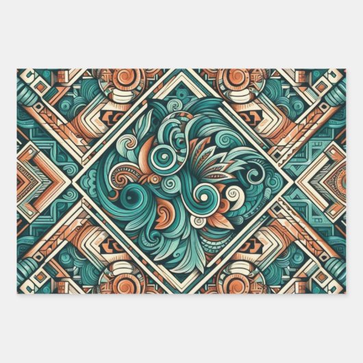 Azteeks geïnspireerd Blauwgroen en terracotta patr Inpakpapier Vel (Voorkant 2)